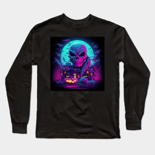 Halloween skull on the roof of a mansion Long Sleeve T-Shirt